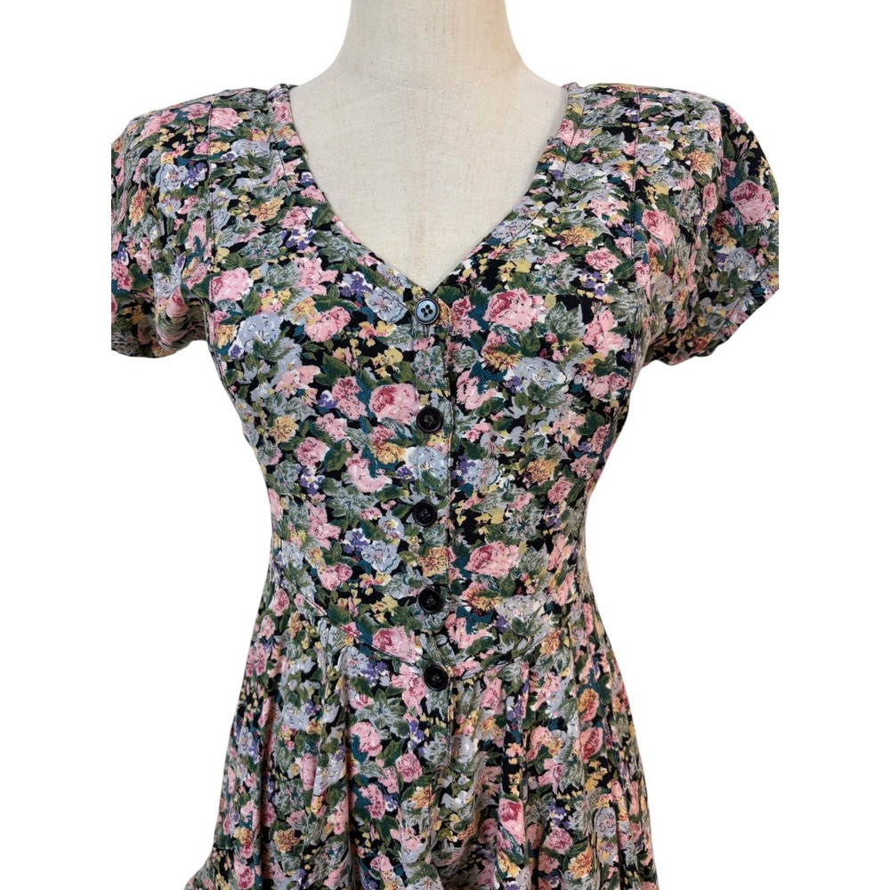 Vtg 90s Starina Babydoll Mini Dress Size S Floral  Rayon Tie Back Fairy Grunge - Picture 2 of 11